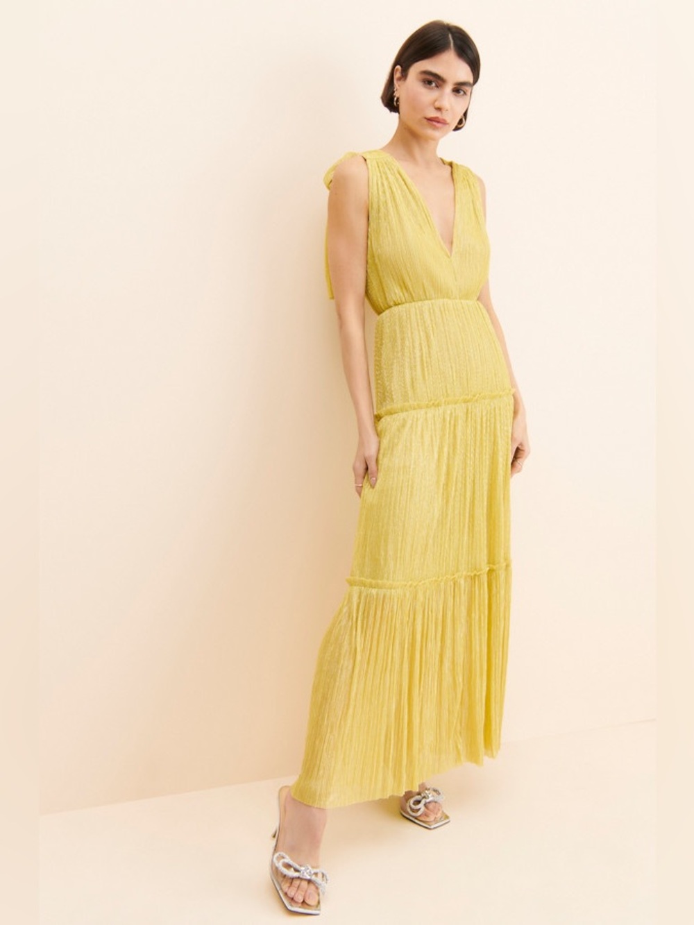 Sabina Musayev Helena Maxi Dress Yellow V-Neck Tiered Maxi Tie Dress Sz: S